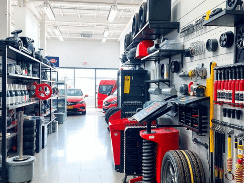 Magasin présentant des rayons de pièces détachées et accessoires automobiles.