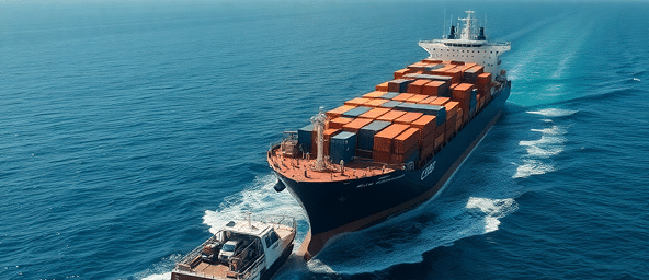 Navire porte-conteneurs en mer transportant des véhicules illustrant le service d'importation de métropole vers Mayotte par Action Loc Services.